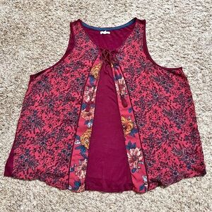 [Maurices] Burgundy Mixed Print Mixed Media Sleeveless Tassels Tank Top Size3X